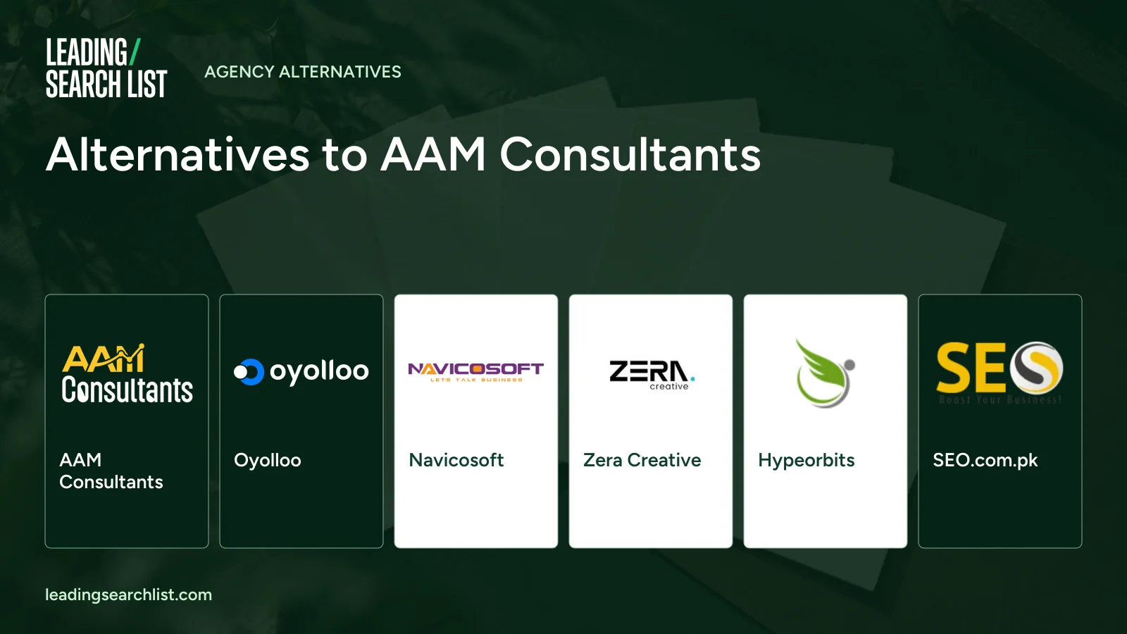 Alternatives to AAM Consultants. Logos shown: AAM Consultants, Oyolloo, Navicosoft, Zera Creative, Hypeorbits, SEO.com.pk. Leading Search List.