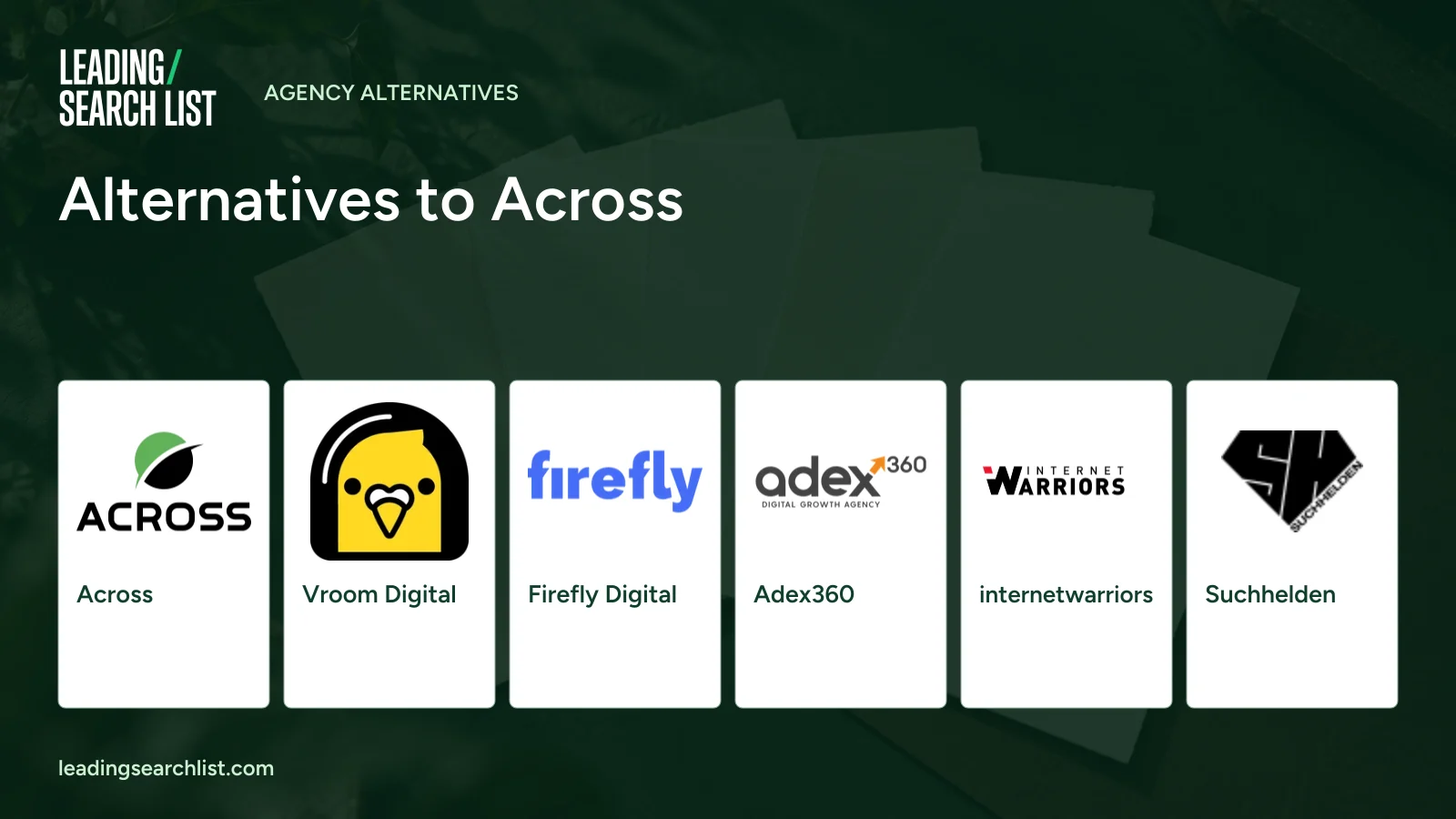 Alternatives to Across. Logos shown: Across, Vroom Digital, Firefly Digital, Adex360, internetwarriors, Suchhelden. Leading Search List.