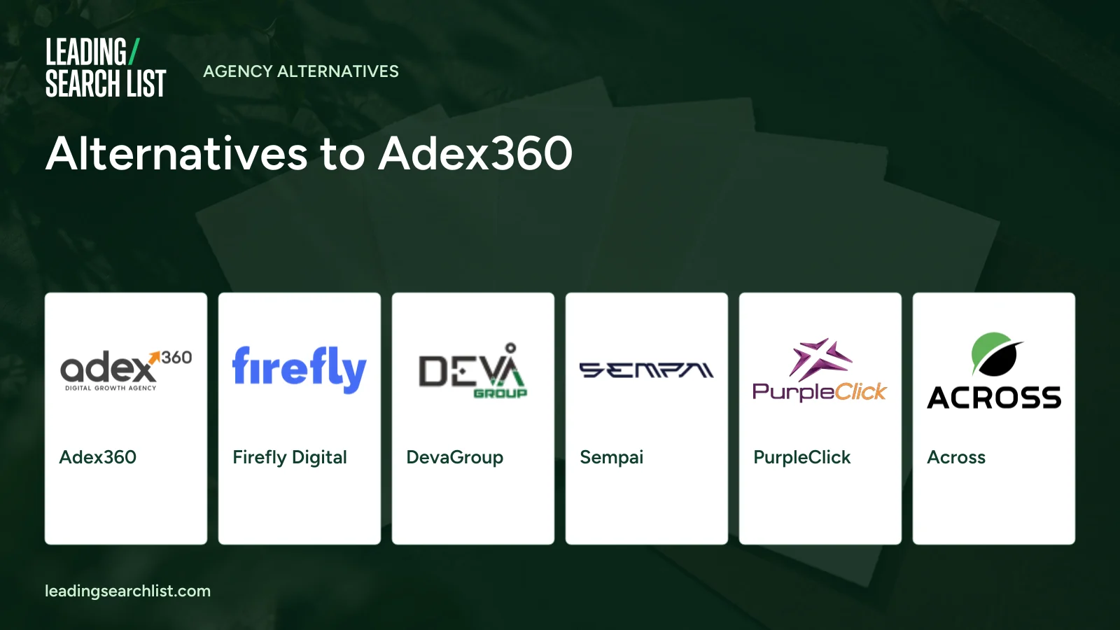 Alternatives to Adex360. Logos shown: Adex360, Firefly Digital, DevaGroup, Sempai, PurpleClick, Across. Leading Search List.