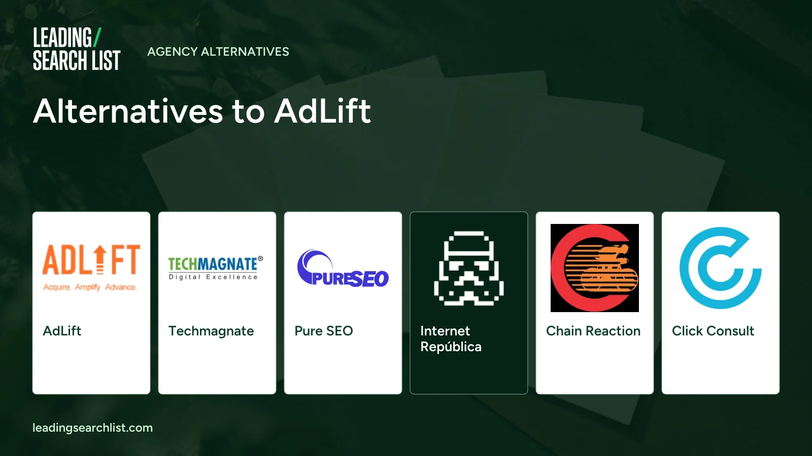 Alternatives to AdLift. Logos shown: AdLift, Techmagnate, Pure SEO, Internet República, Chain Reaction, Click Consult. Leading Search List.