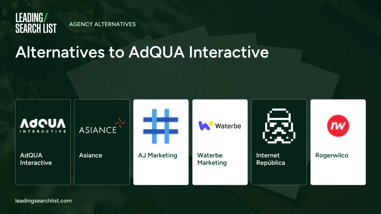 Alternatives to AdQUA Interactive. Logos shown: AdQUA Interactive, Asiance, AJ Marketing, Waterbe Marketing, Internet República, Rogerwilco. Leading Search List.