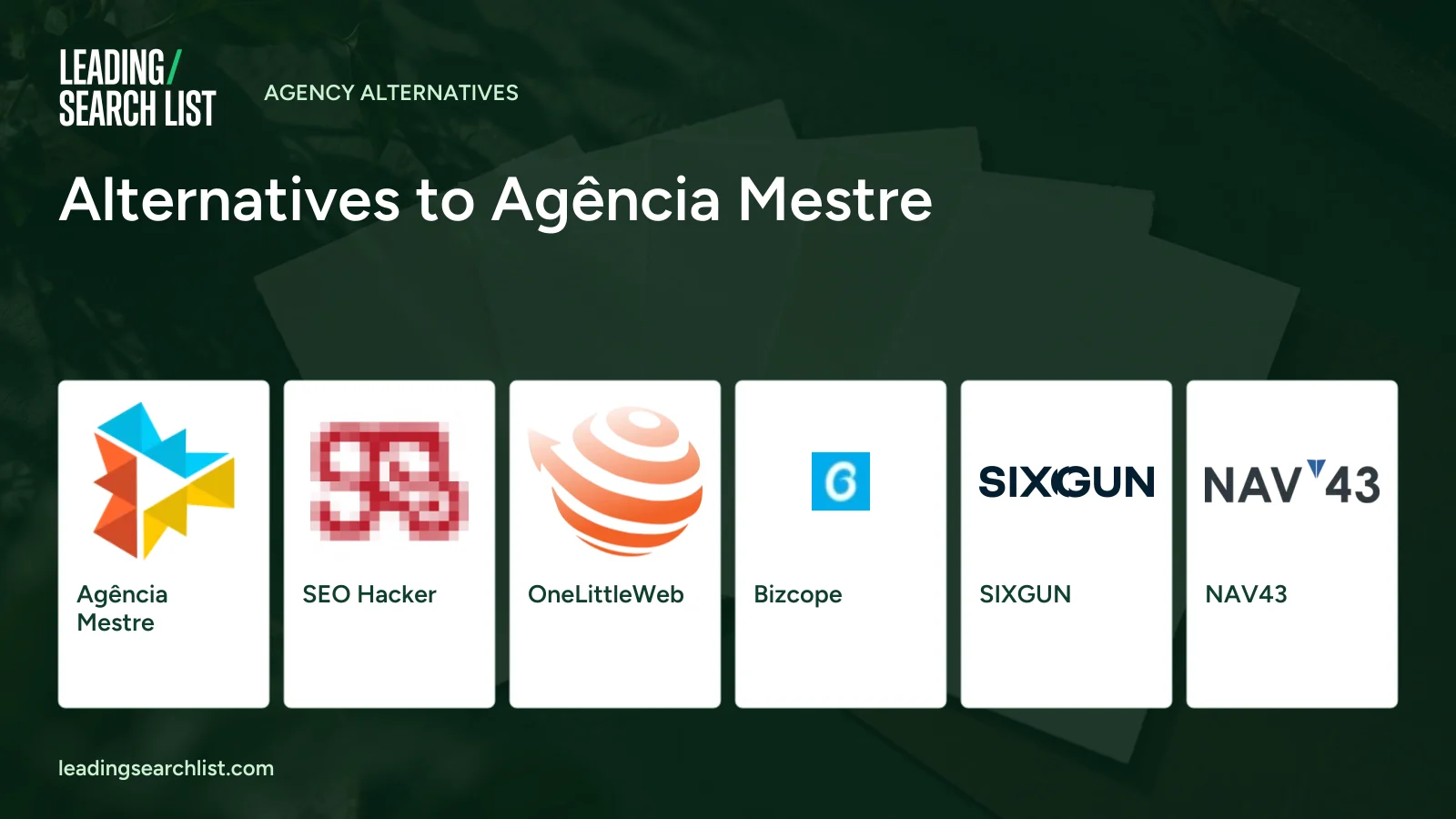 Alternatives to Agência Mestre. Logos shown: Agência Mestre, SEO Hacker, OneLittleWeb, Bizcope, SIXGUN, NAV43. Leading Search List.