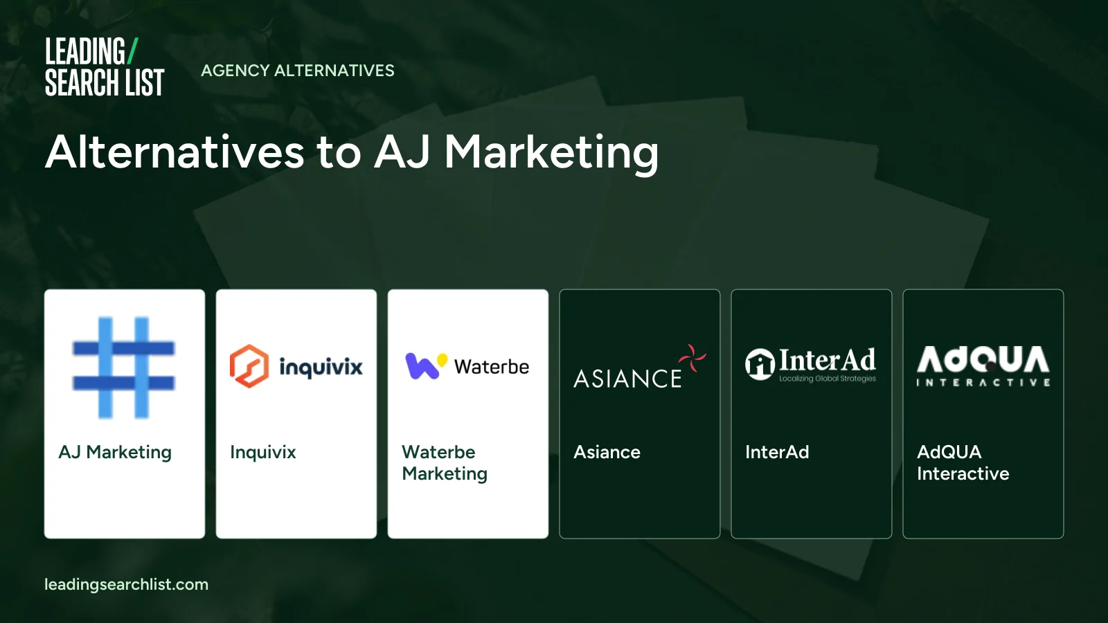 Alternatives to AJ Marketing. Logos shown: AJ Marketing, Inquivix, Waterbe Marketing, Asiance, InterAd, AdQUA Interactive. Leading Search List.