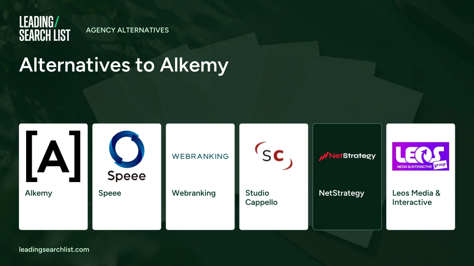 Alternatives to Alkemy. Logos shown: Alkemy, Speee, Webranking, Studio Cappello, NetStrategy, Leos Media & Interactive. Leading Search List.
