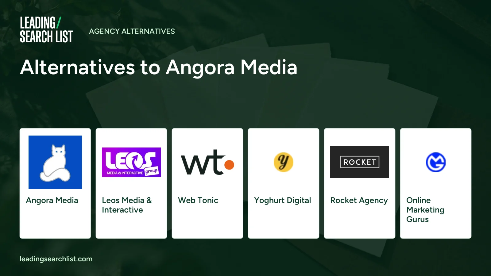 Alternatives to Angora Media. Logos shown: Angora Media, Leos Media & Interactive, Web Tonic, Yoghurt Digital, Rocket Agency, Online Marketing Gurus. Leading Search List.