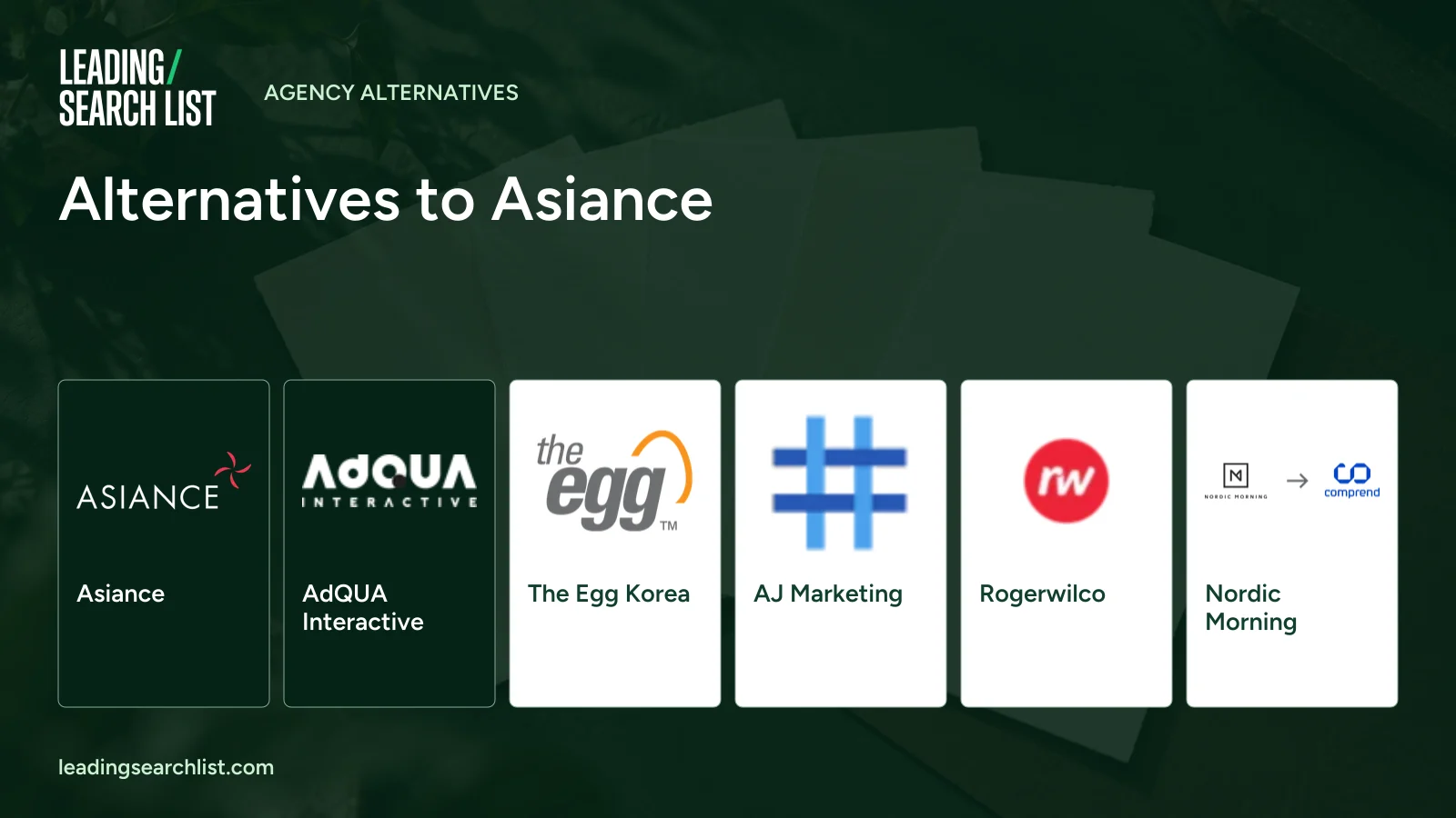 Alternatives to Asiance. Logos shown: Asiance, AdQUA Interactive, The Egg Korea, AJ Marketing, Rogerwilco, Nordic Morning. Leading Search List.