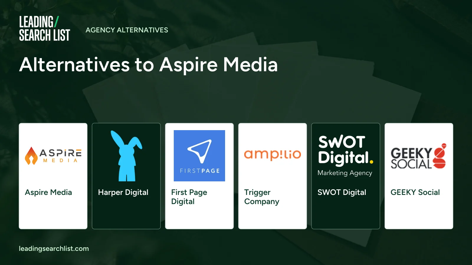 Alternatives to Aspire Media. Logos shown: Aspire Media, Harper Digital, First Page Digital, Trigger Company, SWOT Digital, GEEKY Social. Leading Search List.