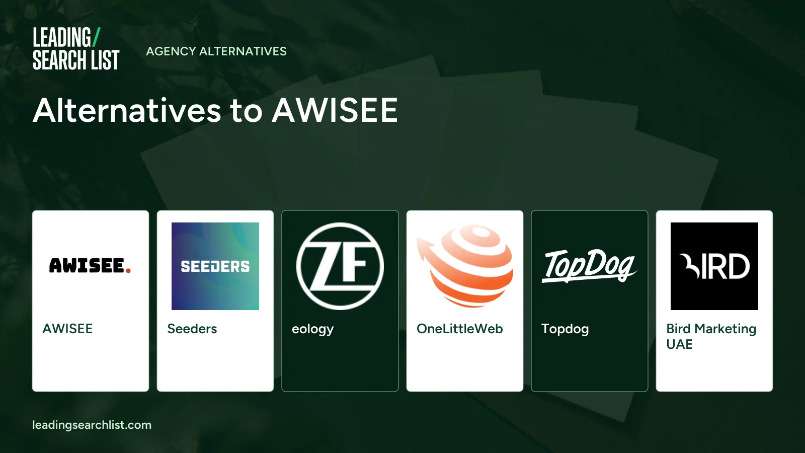 Alternatives to AWISEE. Logos shown: AWISEE, Seeders, eology, OneLittleWeb, Topdog, Bird Marketing UAE. Leading Search List.