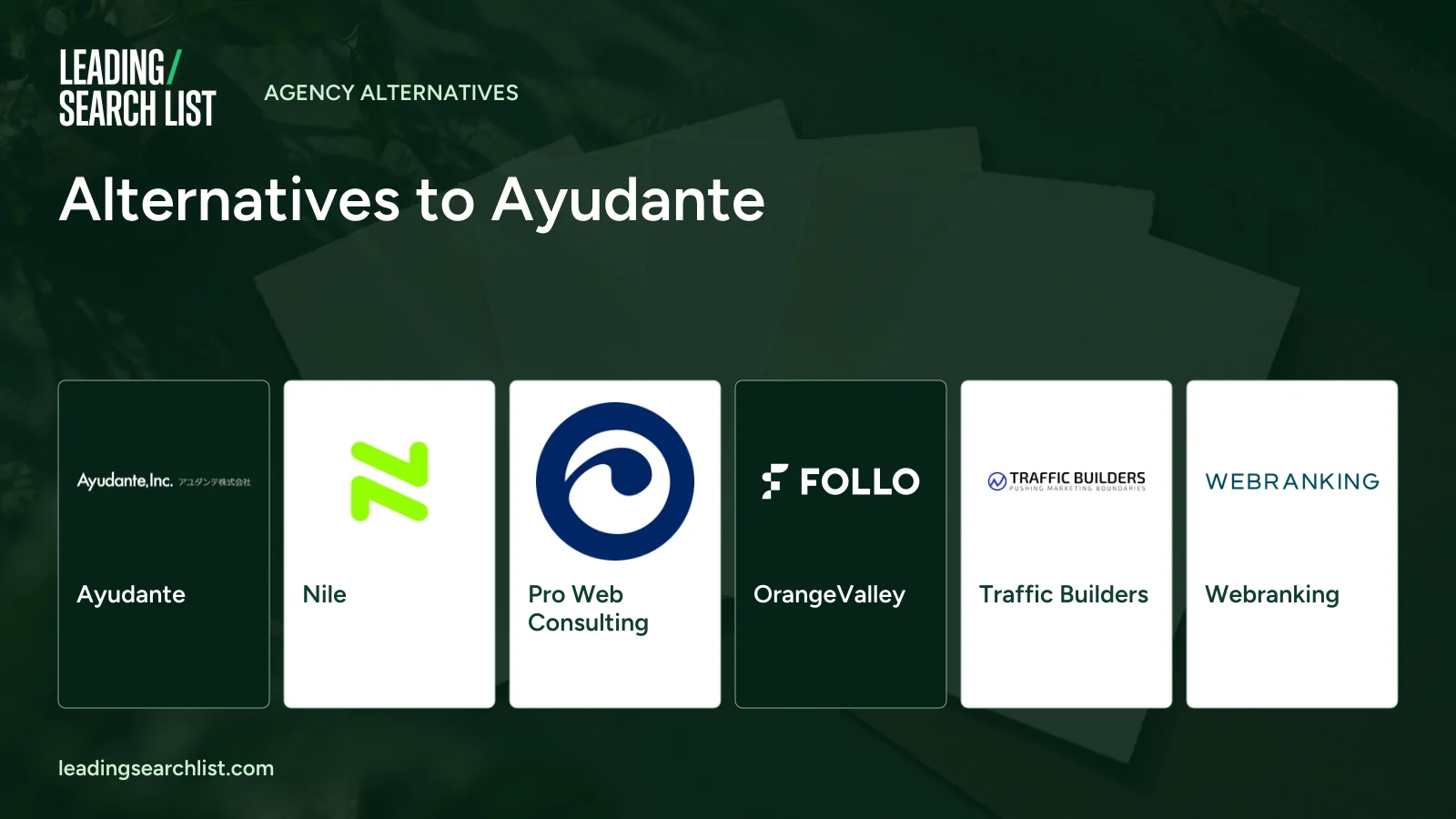 Alternatives to Ayudante. Logos shown: Ayudante, Nile, Pro Web Consulting, OrangeValley, Traffic Builders, Webranking. Leading Search List.