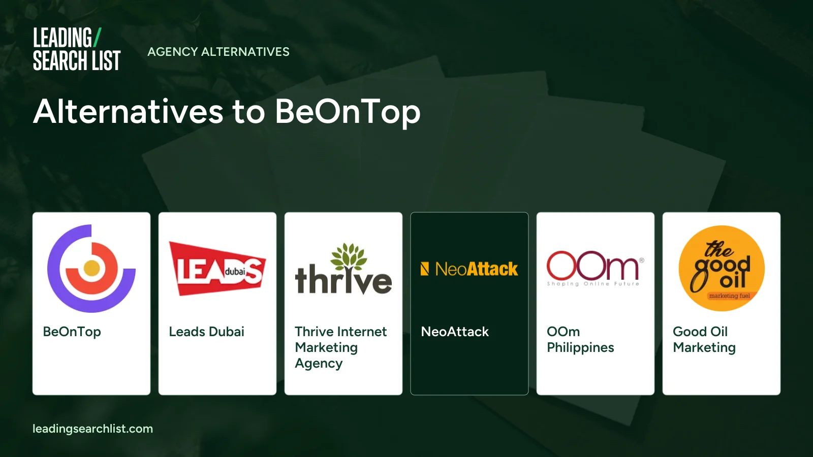 Alternatives to BeOnTop. Logos shown: BeOnTop, Leads Dubai, Thrive Internet Marketing Agency, NeoAttack, OOm Philippines, Good Oil Marketing. Leading Search List.
