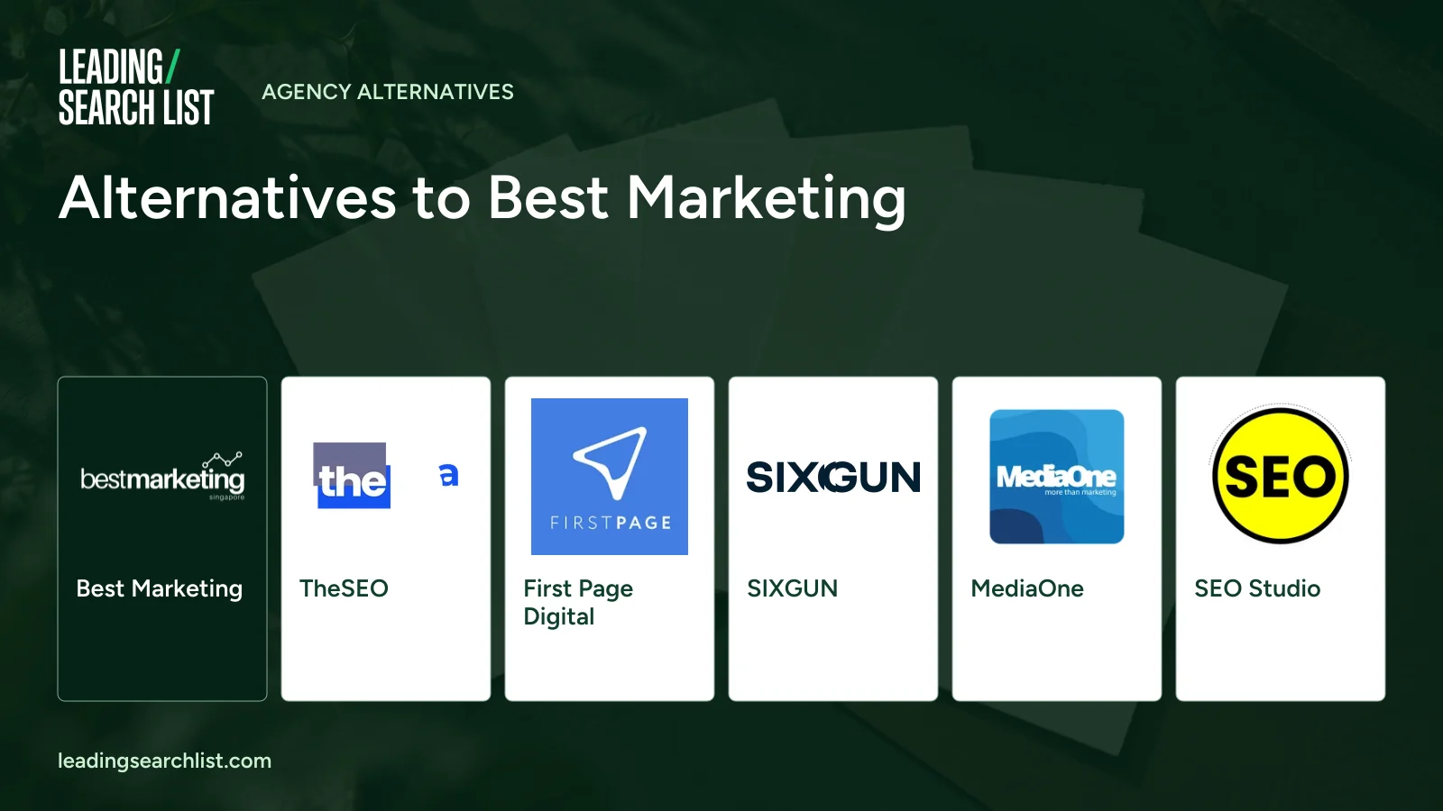 Alternatives to Best Marketing. Logos shown: Best Marketing, TheSEO, First Page Digital, SIXGUN, MediaOne, SEO Studio. Leading Search List.