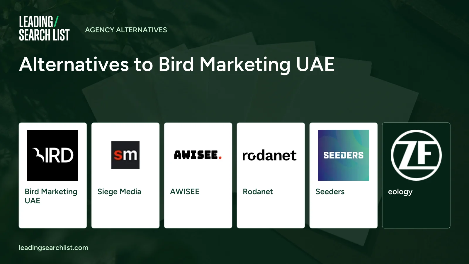 Alternatives to Bird Marketing UAE. Logos shown: Bird Marketing UAE, Siege Media, AWISEE, Rodanet, Seeders, eology. Leading Search List.