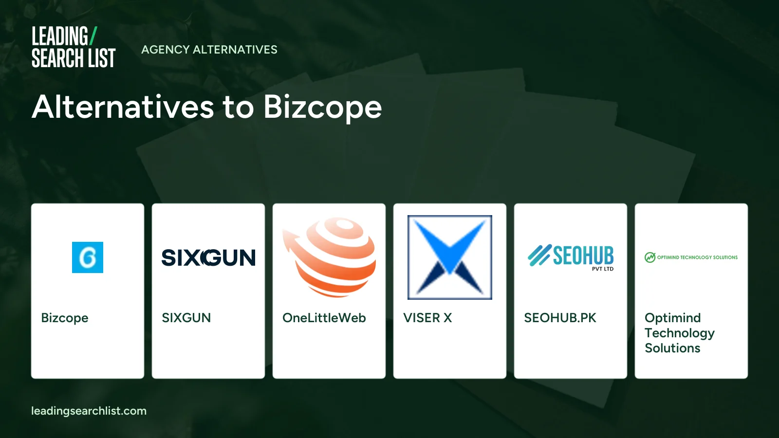 Alternatives to Bizcope. Logos shown: Bizcope, SIXGUN, OneLittleWeb, VISER X, SEOHUB.PK, Optimind Technology Solutions. Leading Search List.