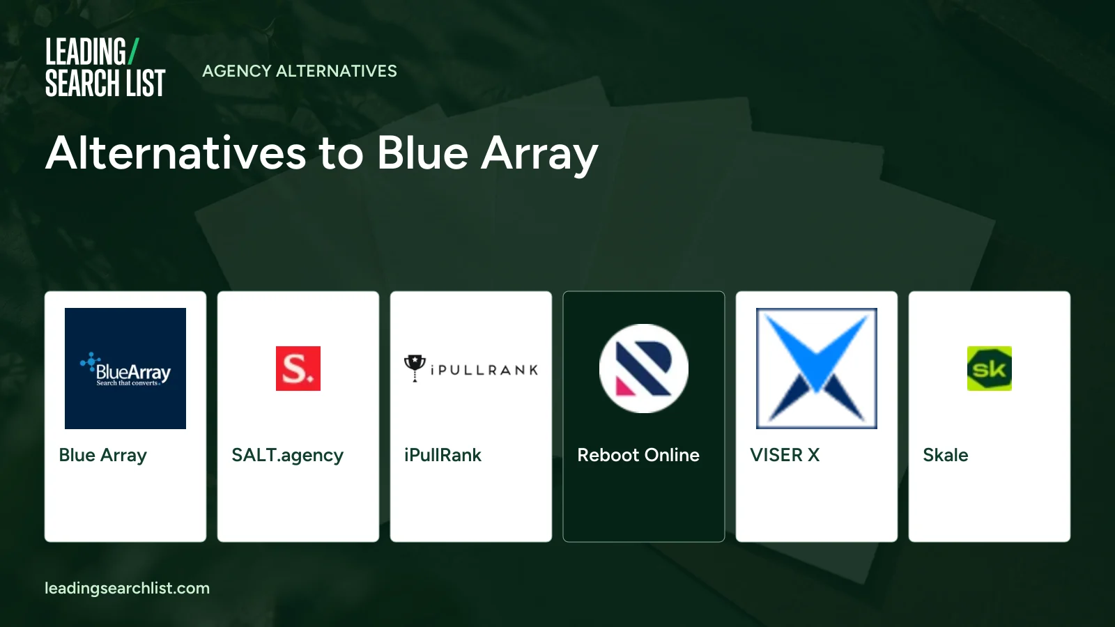 Alternatives to Blue Array. Logos shown: Blue Array, SALT.agency, iPullRank, Reboot Online, VISER X, Skale. Leading Search List.