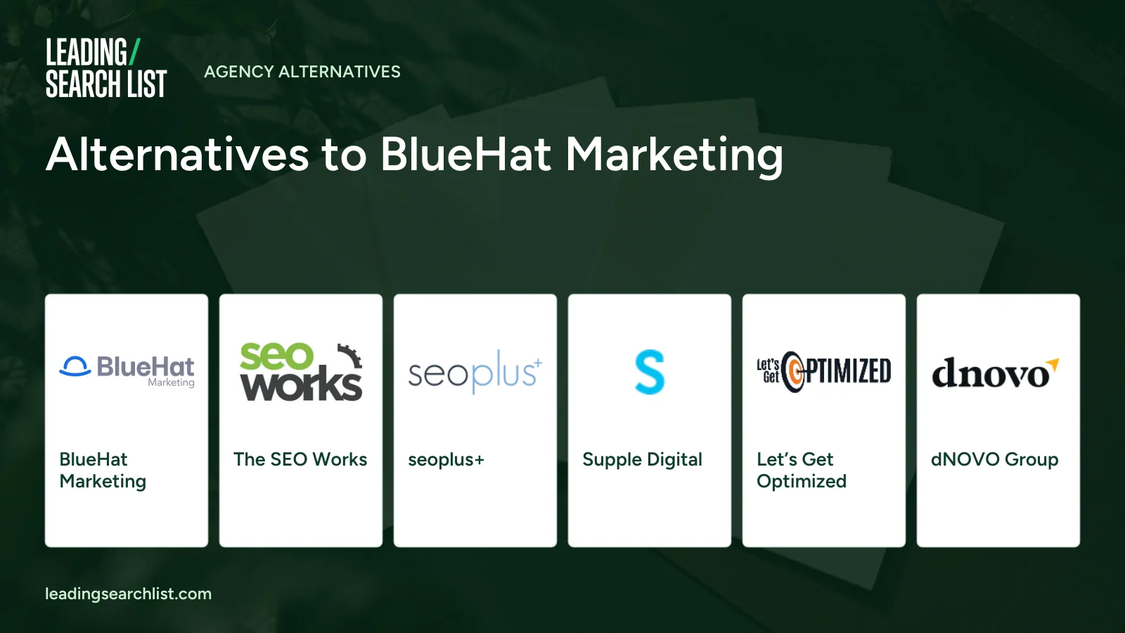 Alternatives to BlueHat Marketing. Logos shown: BlueHat Marketing, The SEO Works, seoplus+, Supple Digital, Let’s Get Optimized, dNOVO Group. Leading Search List.