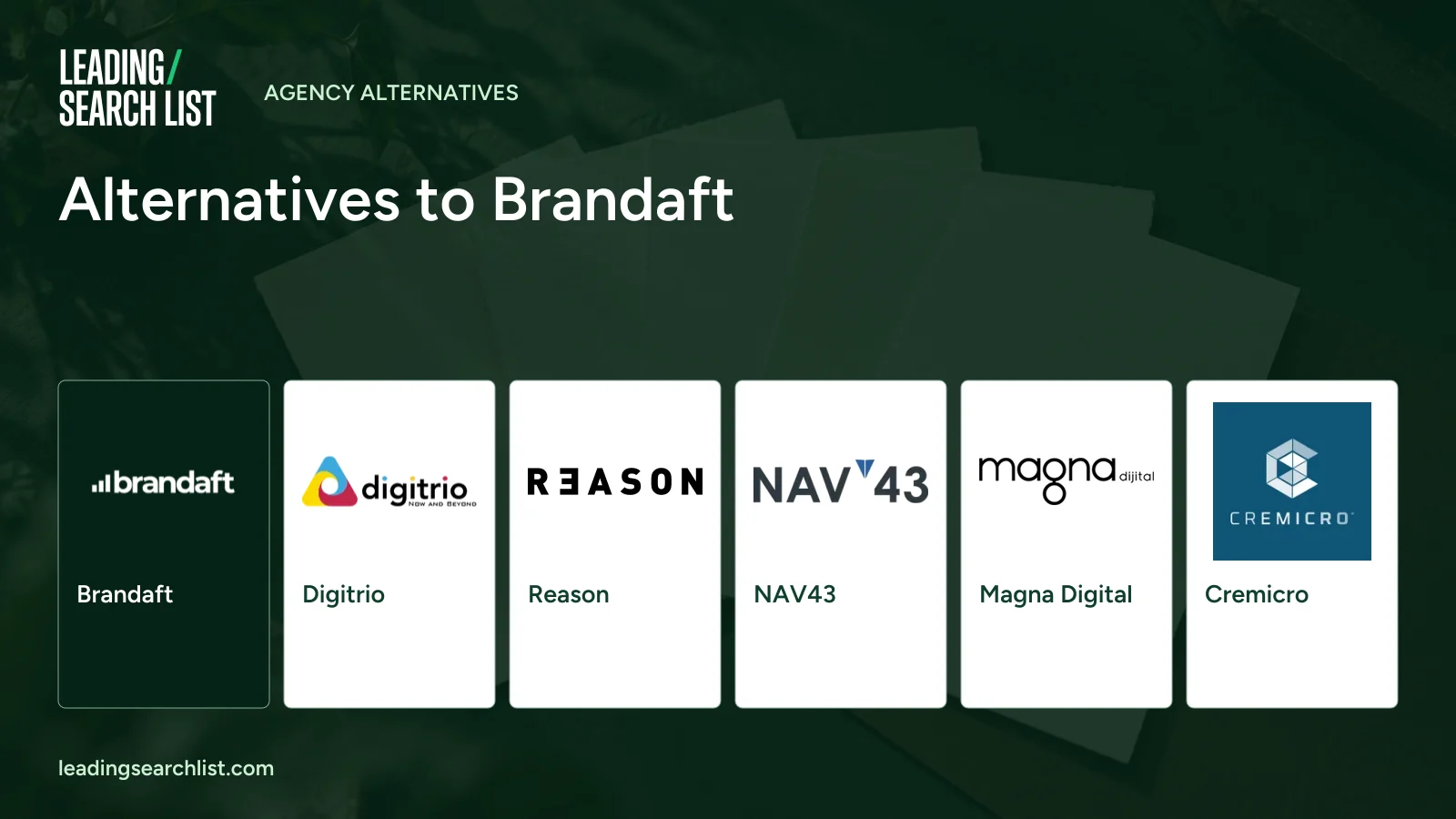 Alternatives to Brandaft. Logos shown: Brandaft, Digitrio, Reason, NAV43, Magna Digital, Cremicro. Leading Search List.