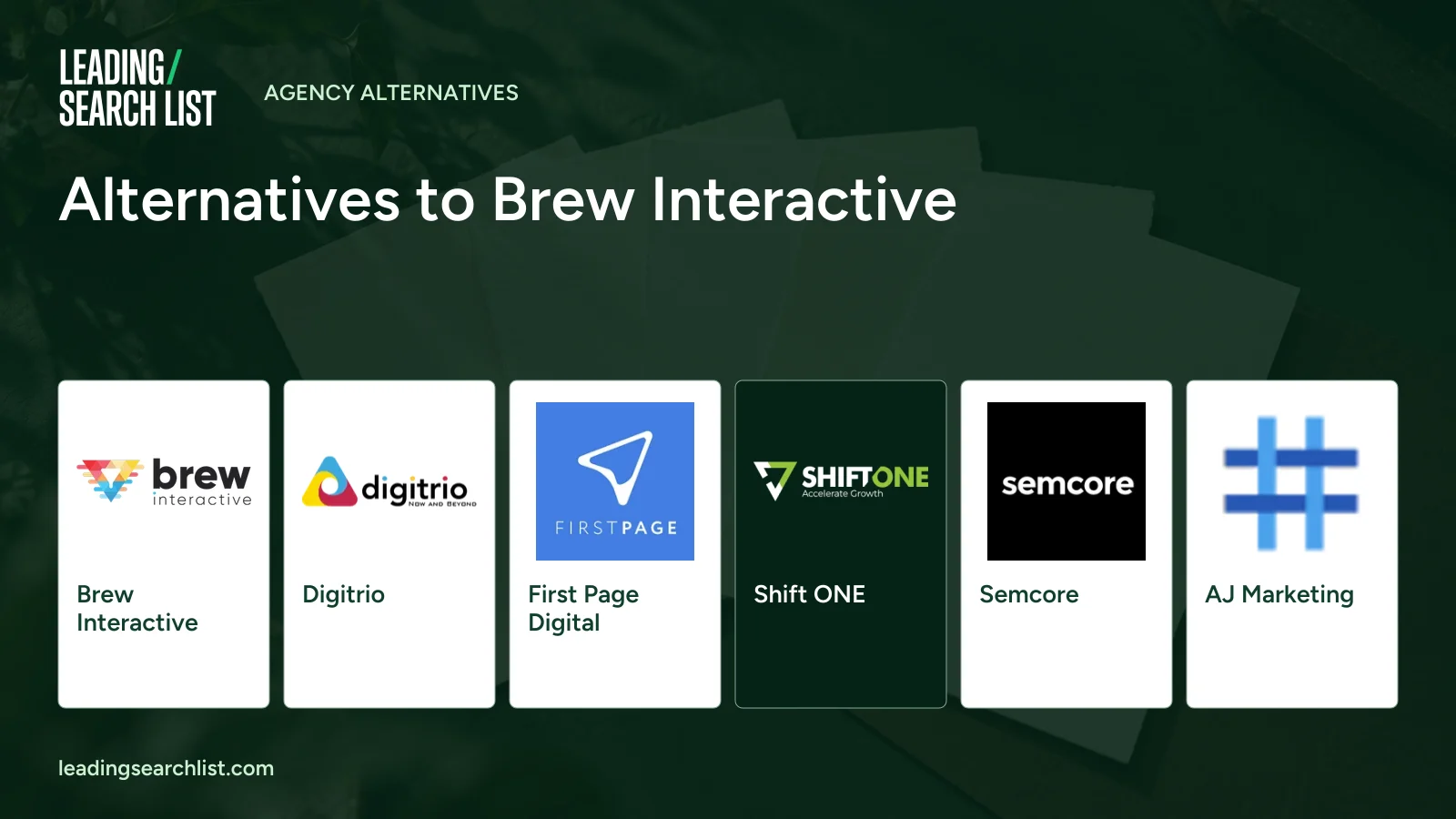 Alternatives to Brew Interactive. Logos shown: Brew Interactive, Digitrio, First Page Digital, Shift ONE, Semcore, AJ Marketing. Leading Search List.
