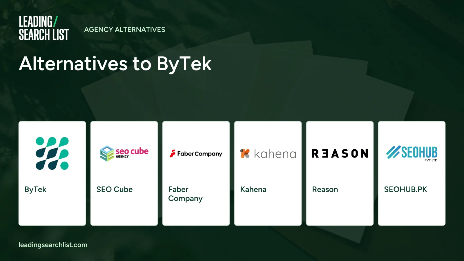 Alternatives to ByTek. Logos shown: ByTek, SEO Cube, Faber Company, Kahena, Reason, SEOHUB.PK. Leading Search List.