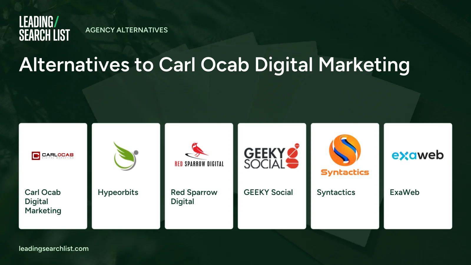 Alternatives to Carl Ocab Digital Marketing. Logos shown: Carl Ocab Digital Marketing, Hypeorbits, Red Sparrow Digital, GEEKY Social, Syntactics, ExaWeb. Leading Search List.