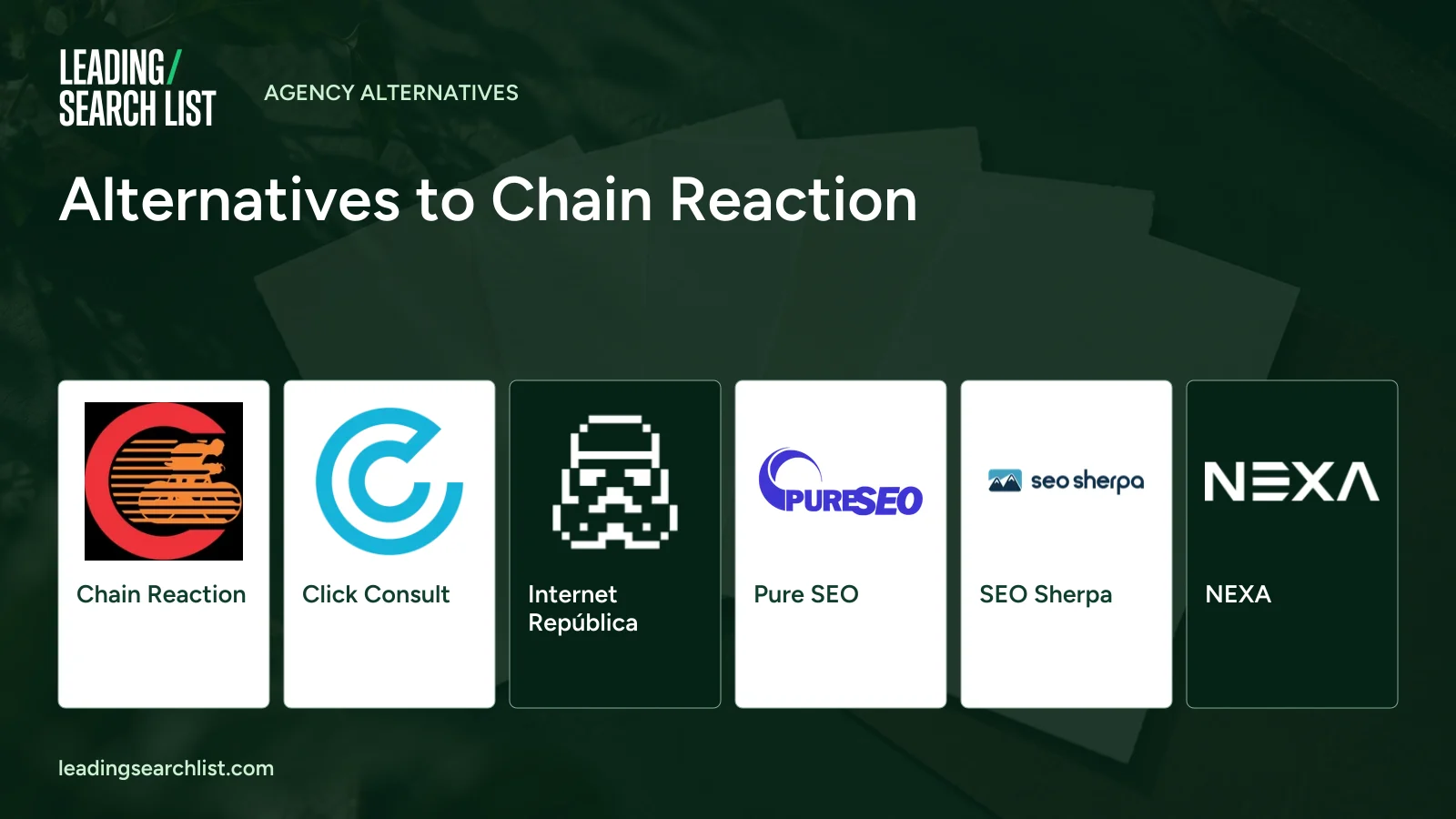 Alternatives to Chain Reaction. Logos shown: Chain Reaction, Click Consult, Internet República, Pure SEO, SEO Sherpa, NEXA. Leading Search List.