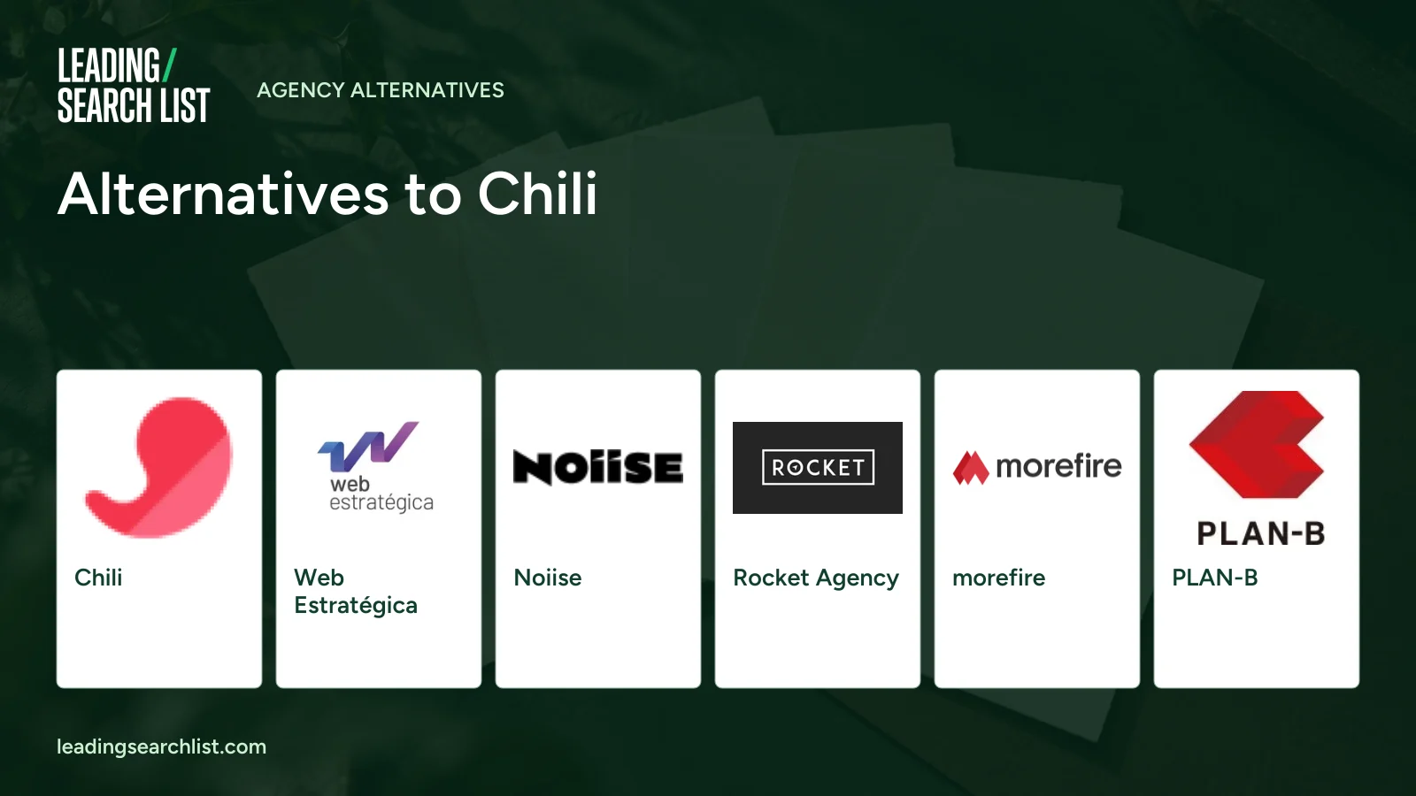 Alternatives to Chili. Logos shown: Chili, Web Estratégica, Noiise, Rocket Agency, morefire, PLAN-B. Leading Search List.