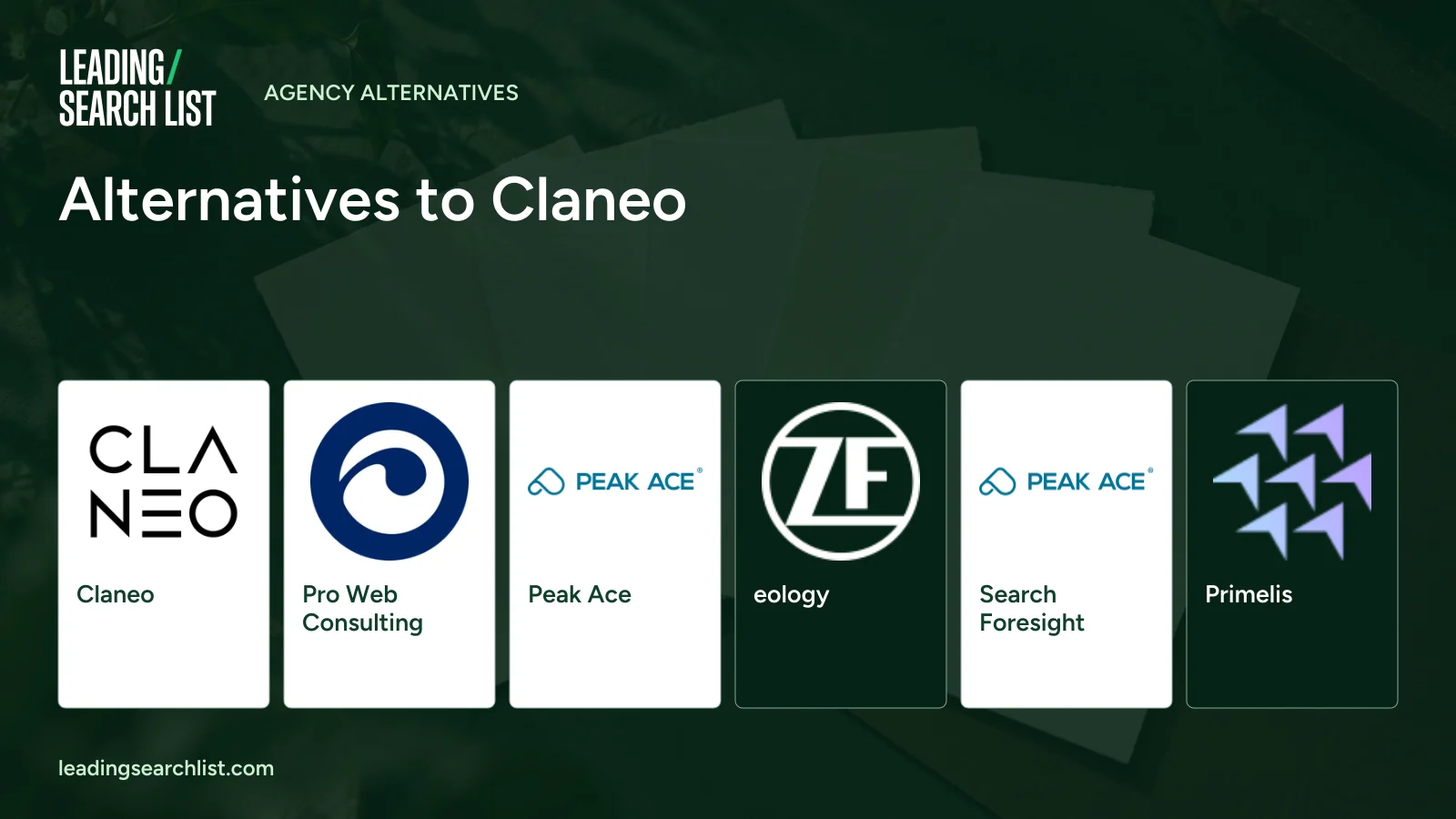 Alternatives to Claneo. Logos shown: Claneo, Pro Web Consulting, Peak Ace, eology, Search Foresight, Primelis. Leading Search List.
