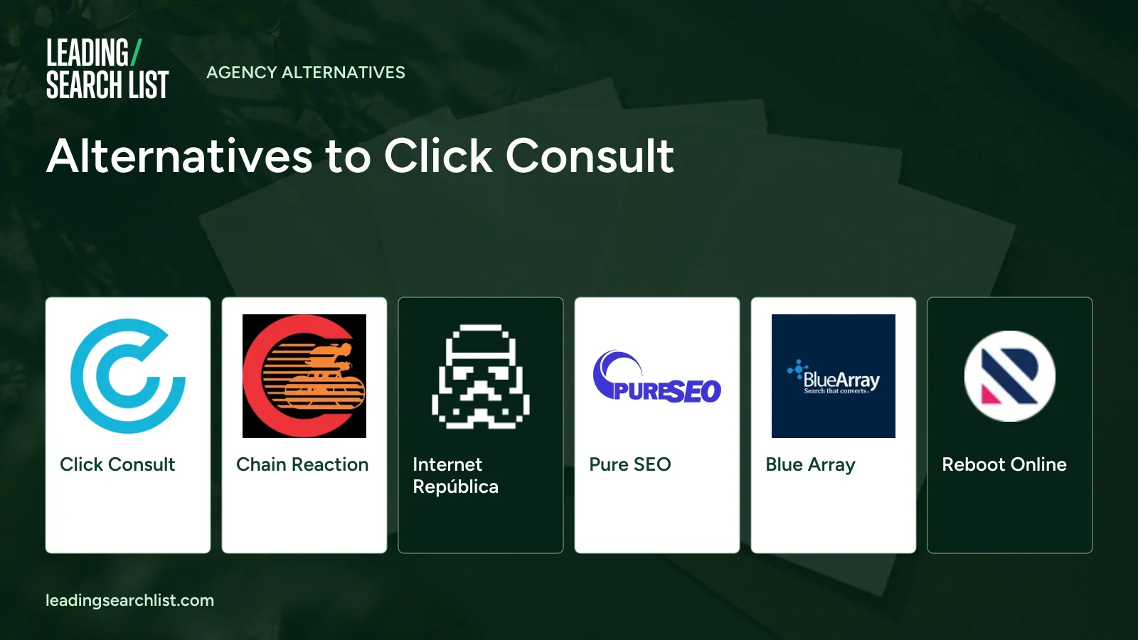 Alternatives to Click Consult. Logos shown: Click Consult, Chain Reaction, Internet República, Pure SEO, Blue Array, Reboot Online. Leading Search List.