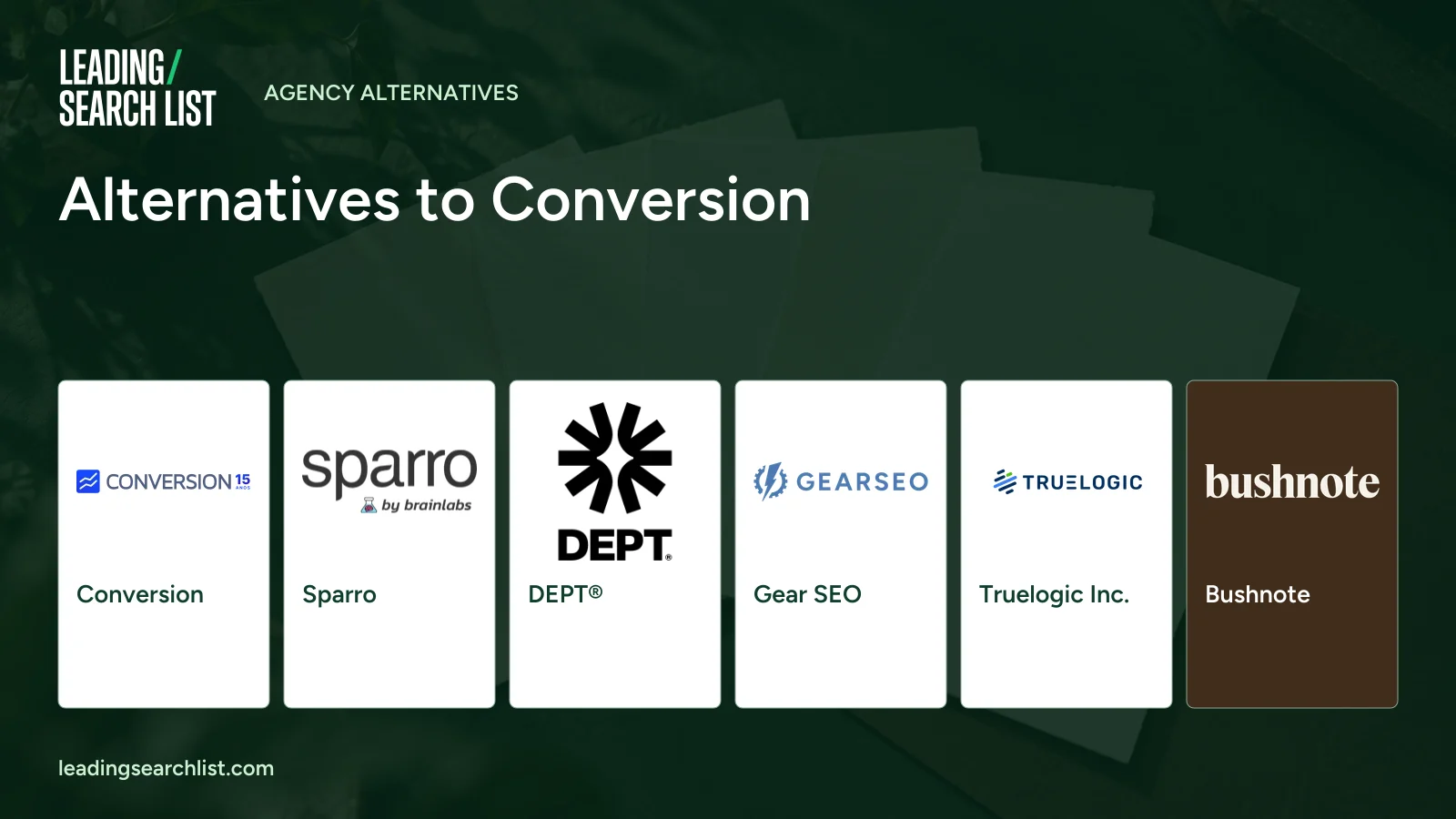 Alternatives to Conversion. Logos shown: Conversion, Sparro, DEPT®, Gear SEO, Truelogic Inc., Bushnote. Leading Search List.