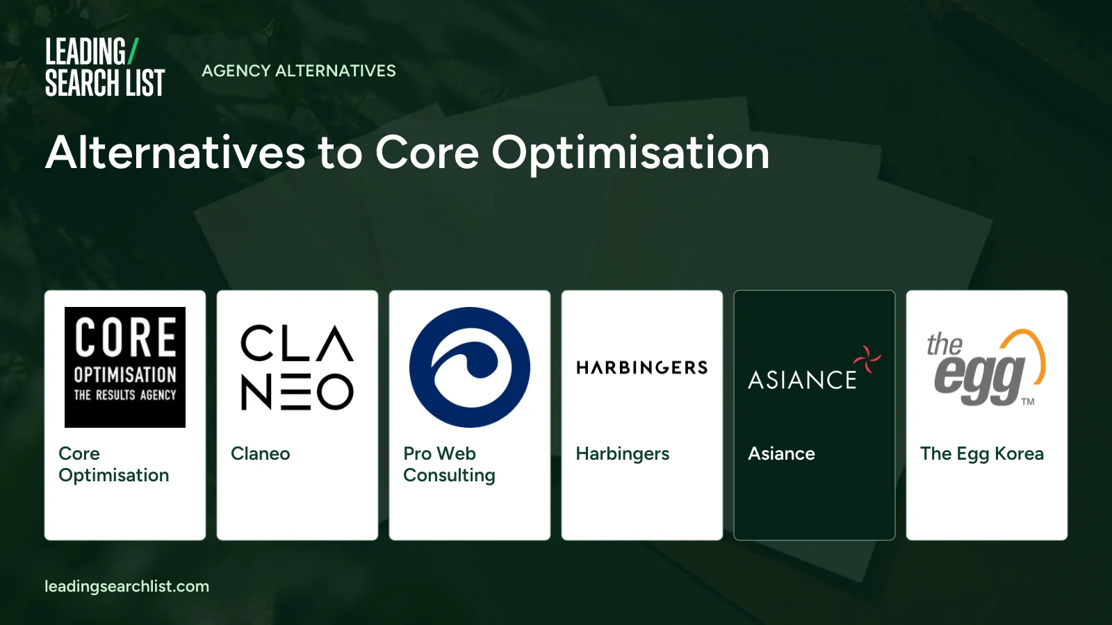 Alternatives to Core Optimisation. Logos shown: Core Optimisation, Claneo, Pro Web Consulting, Harbingers, Asiance, The Egg Korea. Leading Search List.