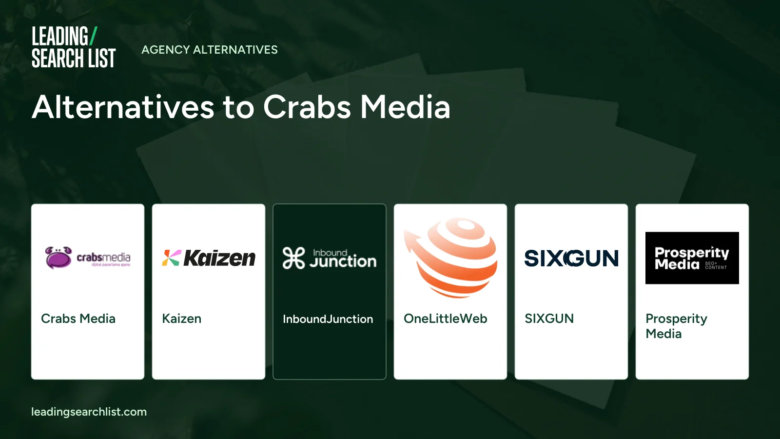 Alternatives to Crabs Media. Logos shown: Crabs Media, Kaizen, InboundJunction, OneLittleWeb, SIXGUN, Prosperity Media. Leading Search List.