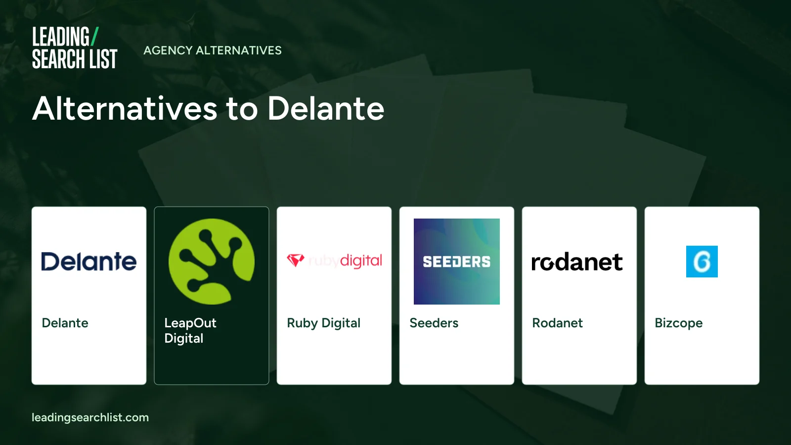 Alternatives to Delante. Logos shown: Delante, LeapOut Digital, Ruby Digital, Seeders, Rodanet, Bizcope. Leading Search List.