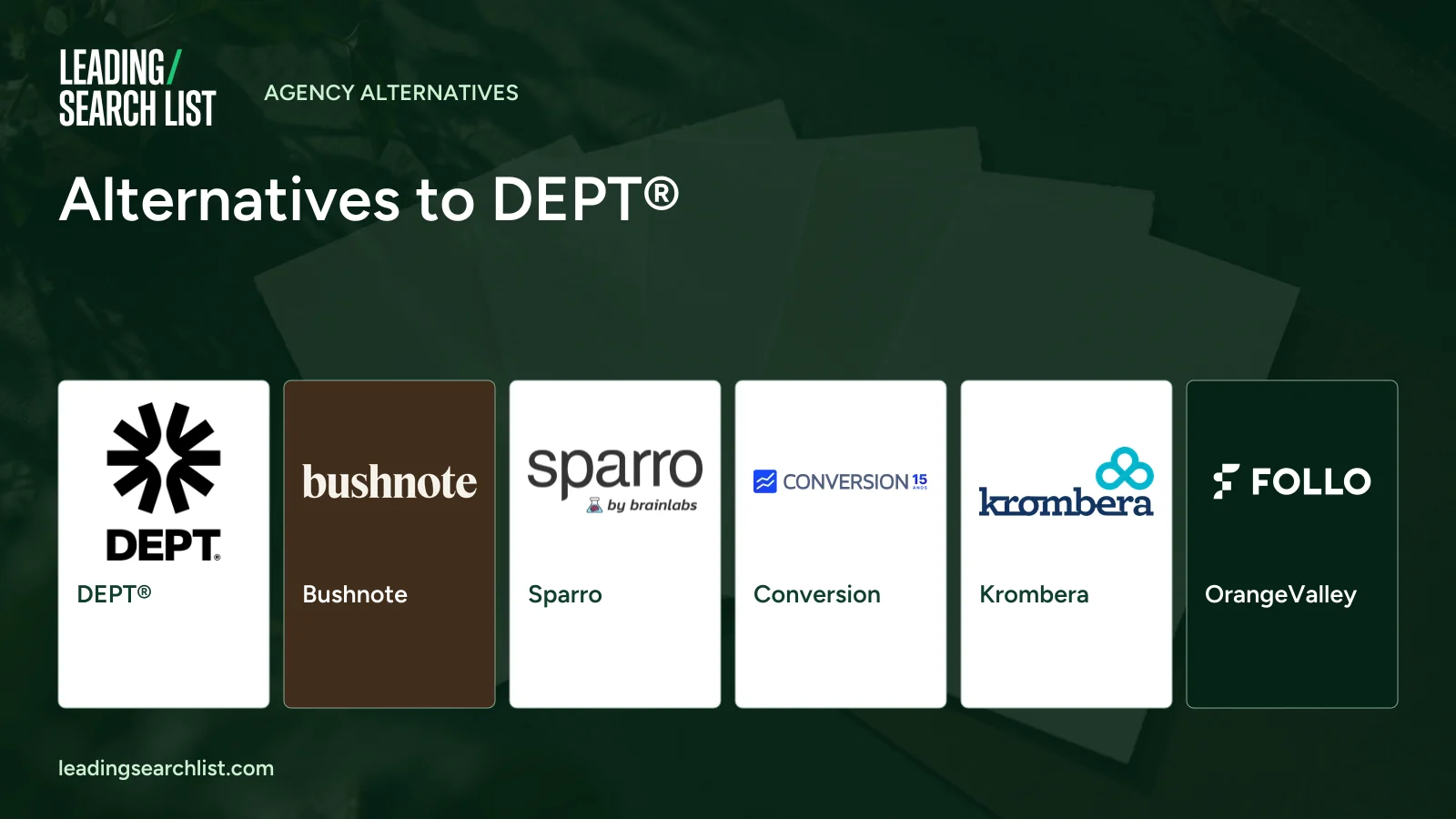 Alternatives to DEPT®. Logos shown: DEPT®, Bushnote, Sparro, Conversion, Krombera, OrangeValley. Leading Search List.