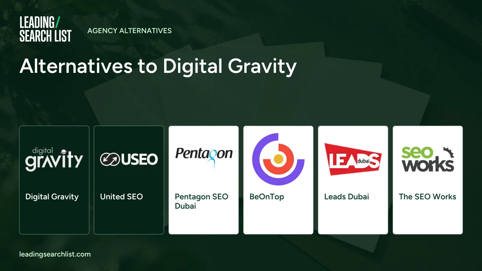 Alternatives to Digital Gravity. Logos shown: Digital Gravity, United SEO, Pentagon SEO Dubai, BeOnTop, Leads Dubai, The SEO Works. Leading Search List.