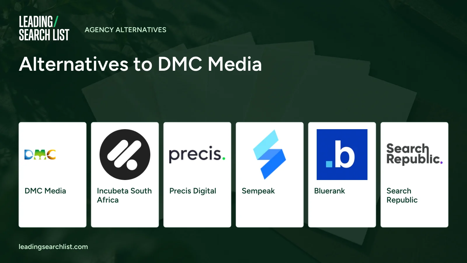Alternatives to DMC Media. Logos shown: DMC Media, Incubeta South Africa, Precis Digital, Sempeak, Bluerank, Search Republic. Leading Search List.