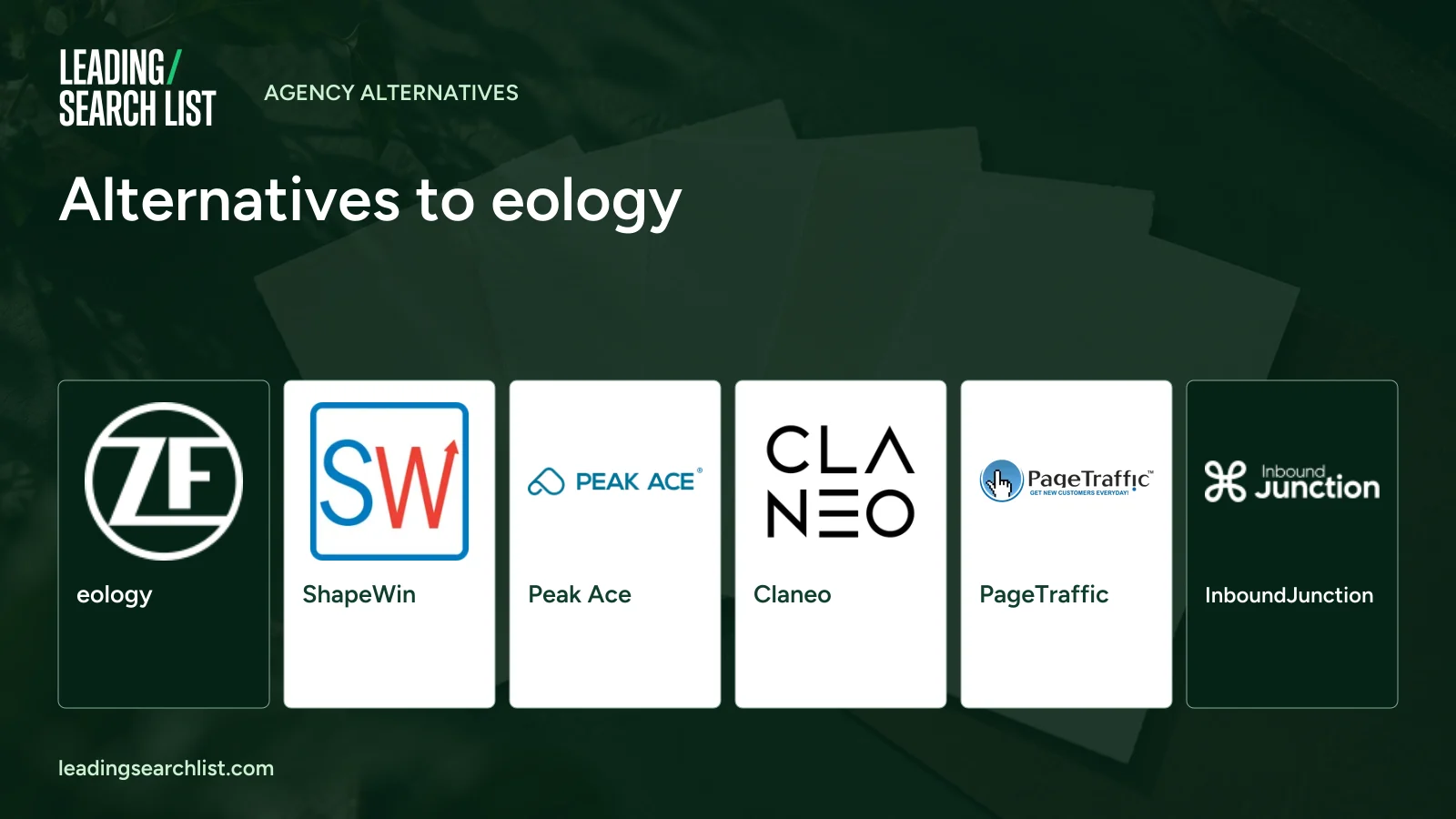 Alternatives to eology. Logos shown: eology, ShapeWin, Peak Ace, Claneo, PageTraffic, InboundJunction. Leading Search List.