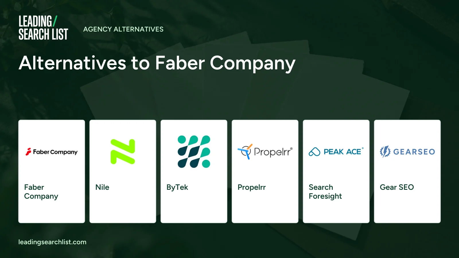 Alternatives to Faber Company. Logos shown: Faber Company, Nile, ByTek, Propelrr, Search Foresight, Gear SEO. Leading Search List.