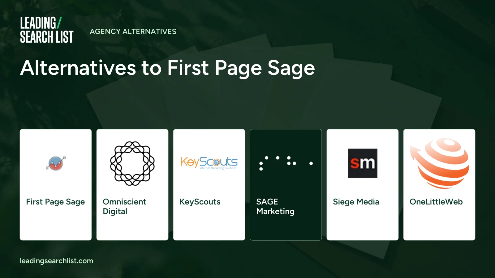 Alternatives to First Page Sage. Logos shown: First Page Sage, Omniscient Digital, KeyScouts, SAGE Marketing, Siege Media, OneLittleWeb. Leading Search List.
