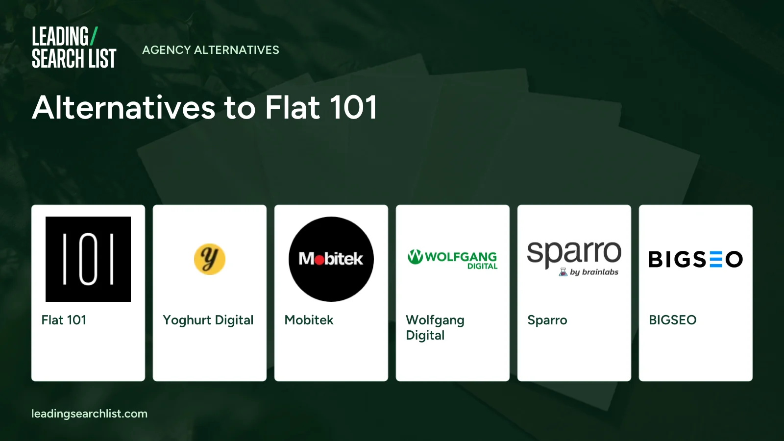 Alternatives to Flat 101. Logos shown: Flat 101, Yoghurt Digital, Mobitek, Wolfgang Digital, Sparro, BIGSEO. Leading Search List.