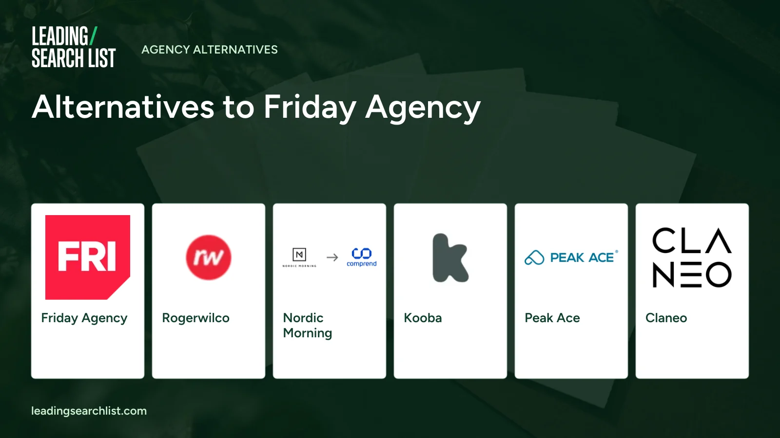 Alternatives to Friday Agency. Logos shown: Friday Agency, Rogerwilco, Nordic Morning, Kooba, Peak Ace, Claneo. Leading Search List.