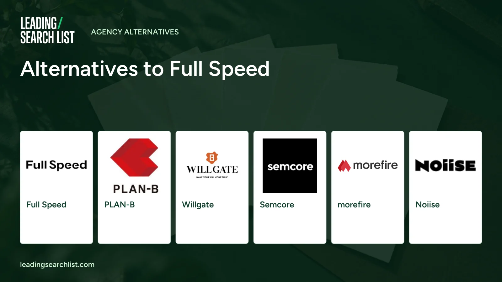 Alternatives to Full Speed. Logos shown: Full Speed, PLAN-B, Willgate, Semcore, morefire, Noiise. Leading Search List.