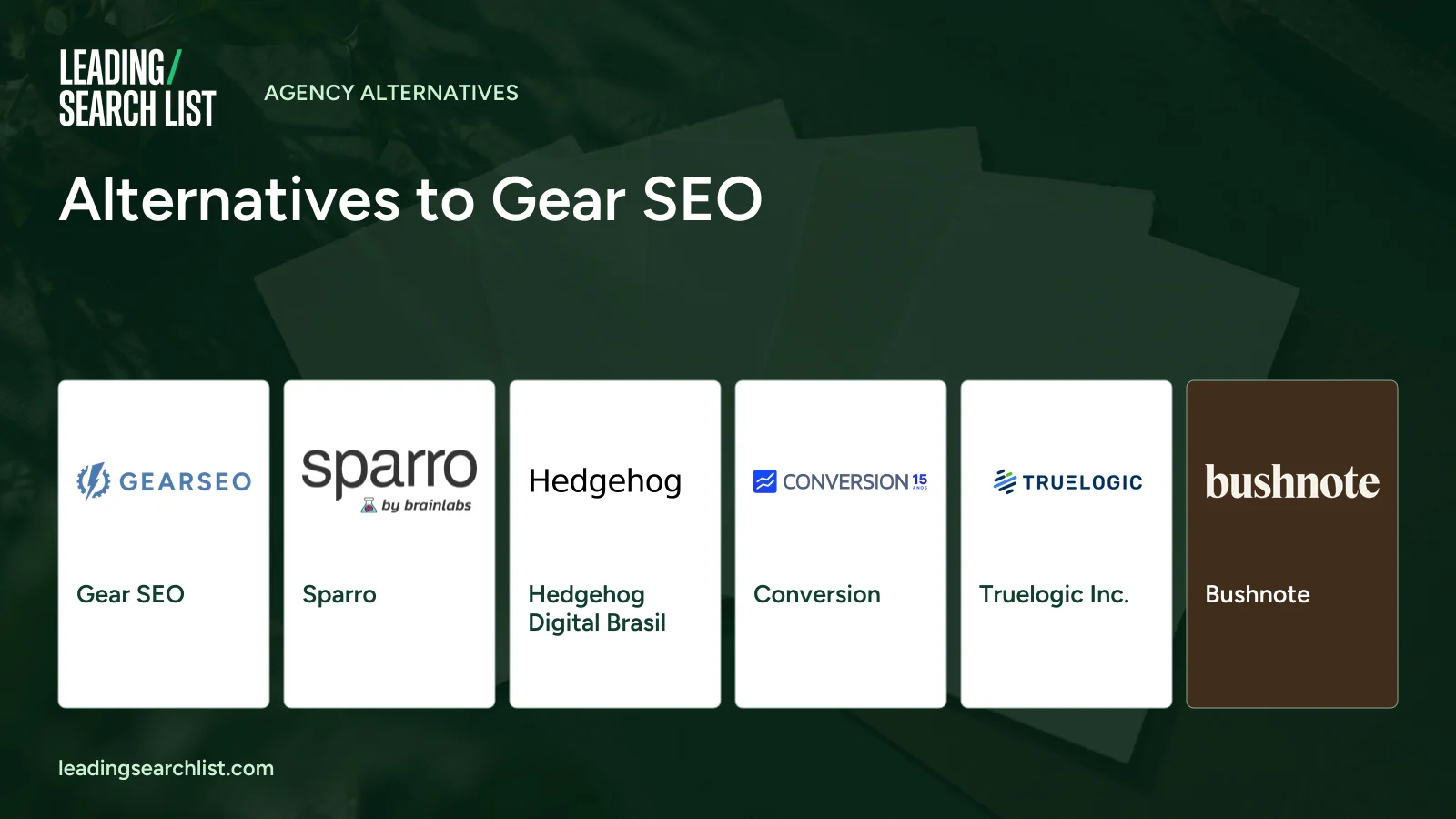 Alternatives to Gear SEO. Logos shown: Gear SEO, Sparro, Hedgehog Digital Brasil, Conversion, Truelogic Inc., Bushnote. Leading Search List.