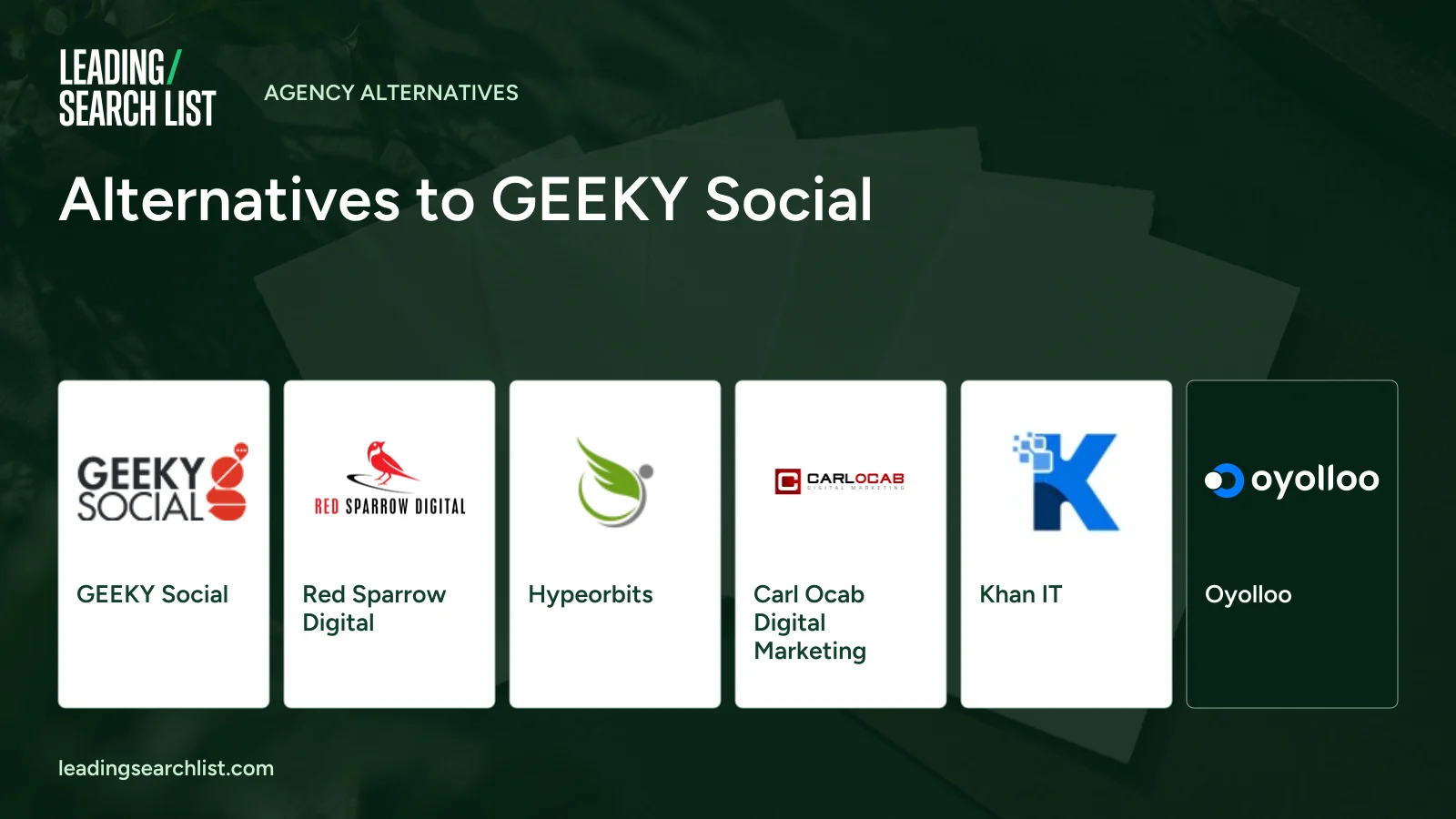 Alternatives to GEEKY Social. Logos shown: GEEKY Social, Red Sparrow Digital, Hypeorbits, Carl Ocab Digital Marketing, Khan IT, Oyolloo. Leading Search List.