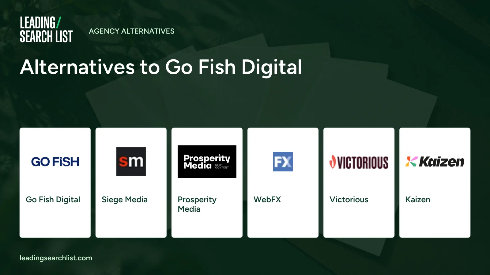 Alternatives to Go Fish Digital. Logos shown: Go Fish Digital, Siege Media, Prosperity Media, WebFX, Victorious, Kaizen. Leading Search List.