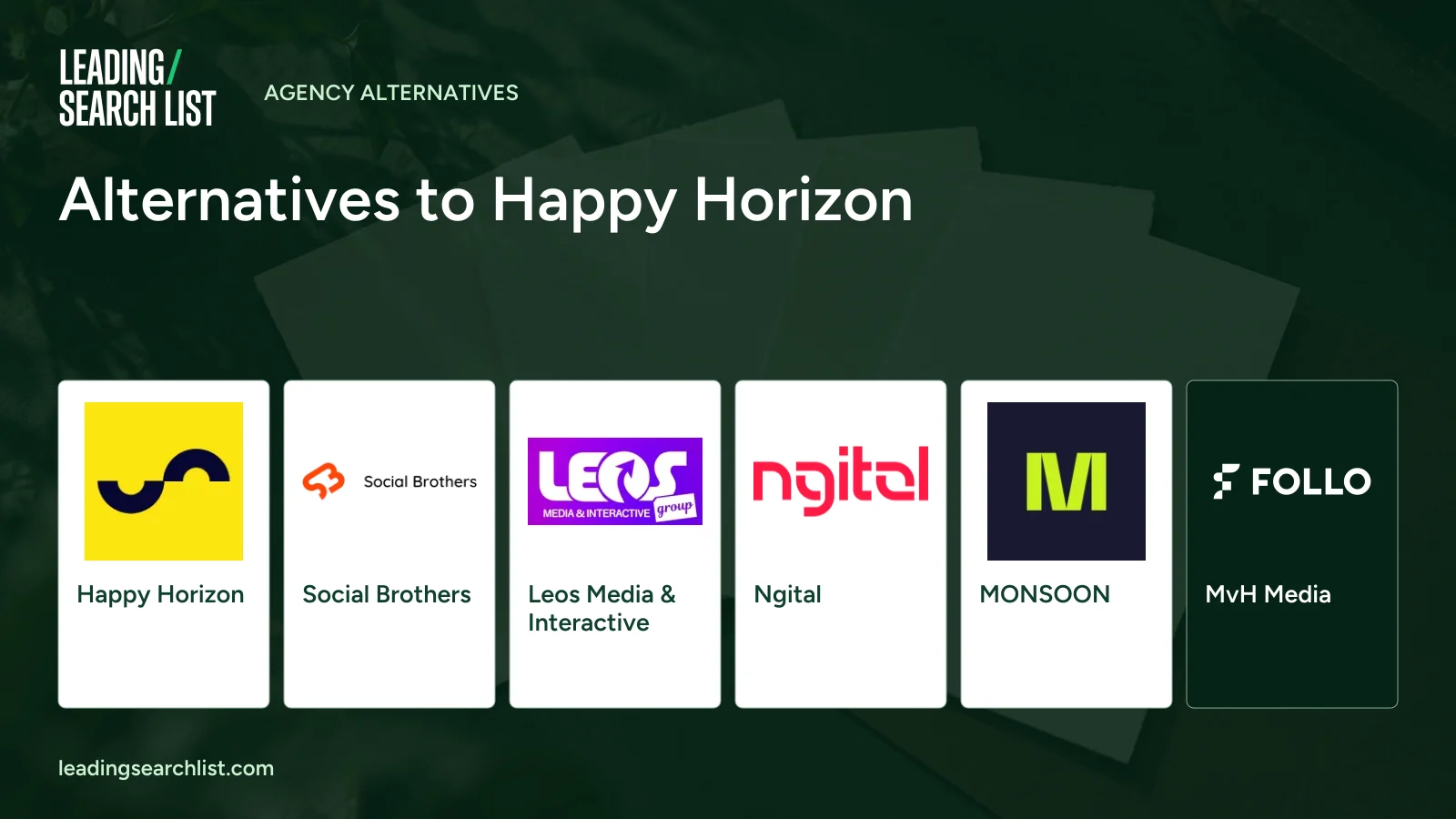 Alternatives to Happy Horizon. Logos shown: Happy Horizon, Social Brothers, Leos Media & Interactive, Ngital, MONSOON, MvH Media. Leading Search List.