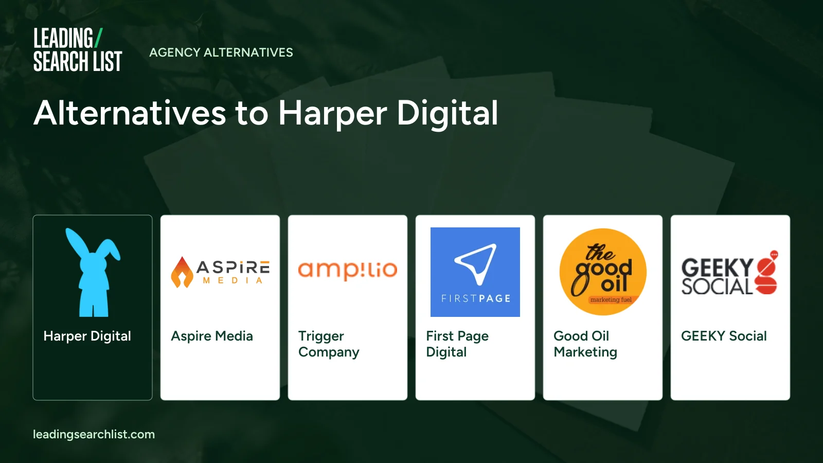 Alternatives to Harper Digital. Logos shown: Harper Digital, Aspire Media, Trigger Company, First Page Digital, Good Oil Marketing, GEEKY Social. Leading Search List.