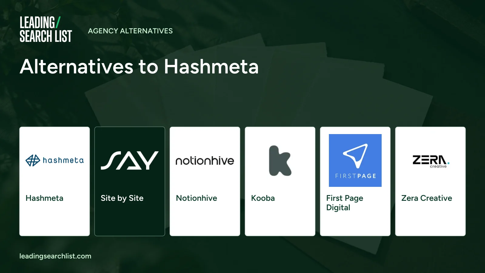 Alternatives to Hashmeta. Logos shown: Hashmeta, Site by Site, Notionhive, Kooba, First Page Digital, Zera Creative. Leading Search List.