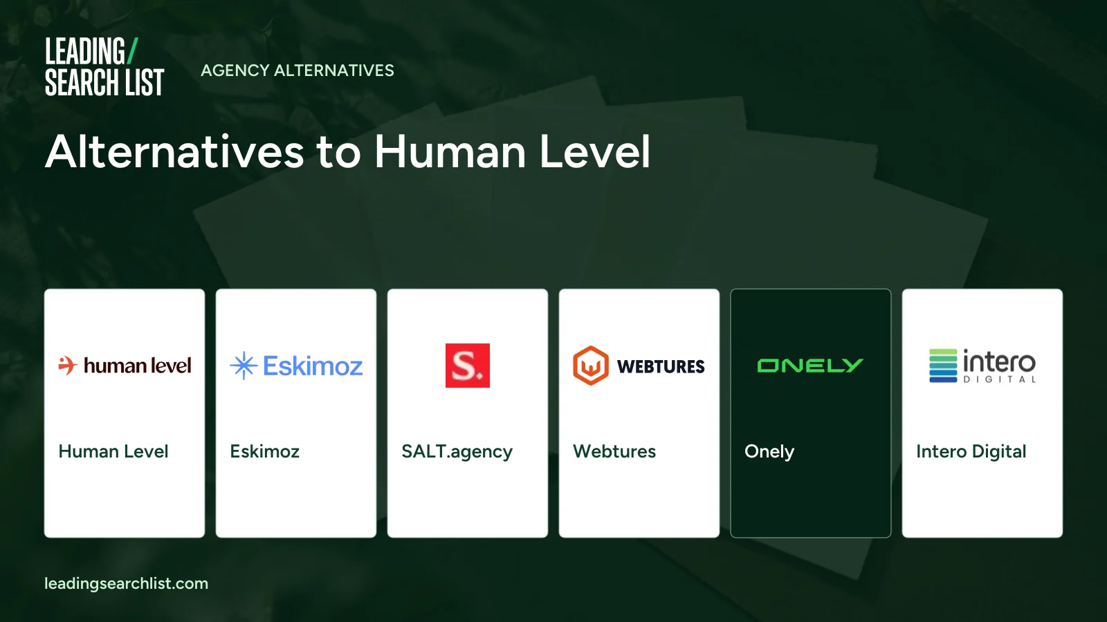 Alternatives to Human Level. Logos shown: Human Level, Eskimoz, SALT.agency, Webtures, Onely, Intero Digital. Leading Search List.
