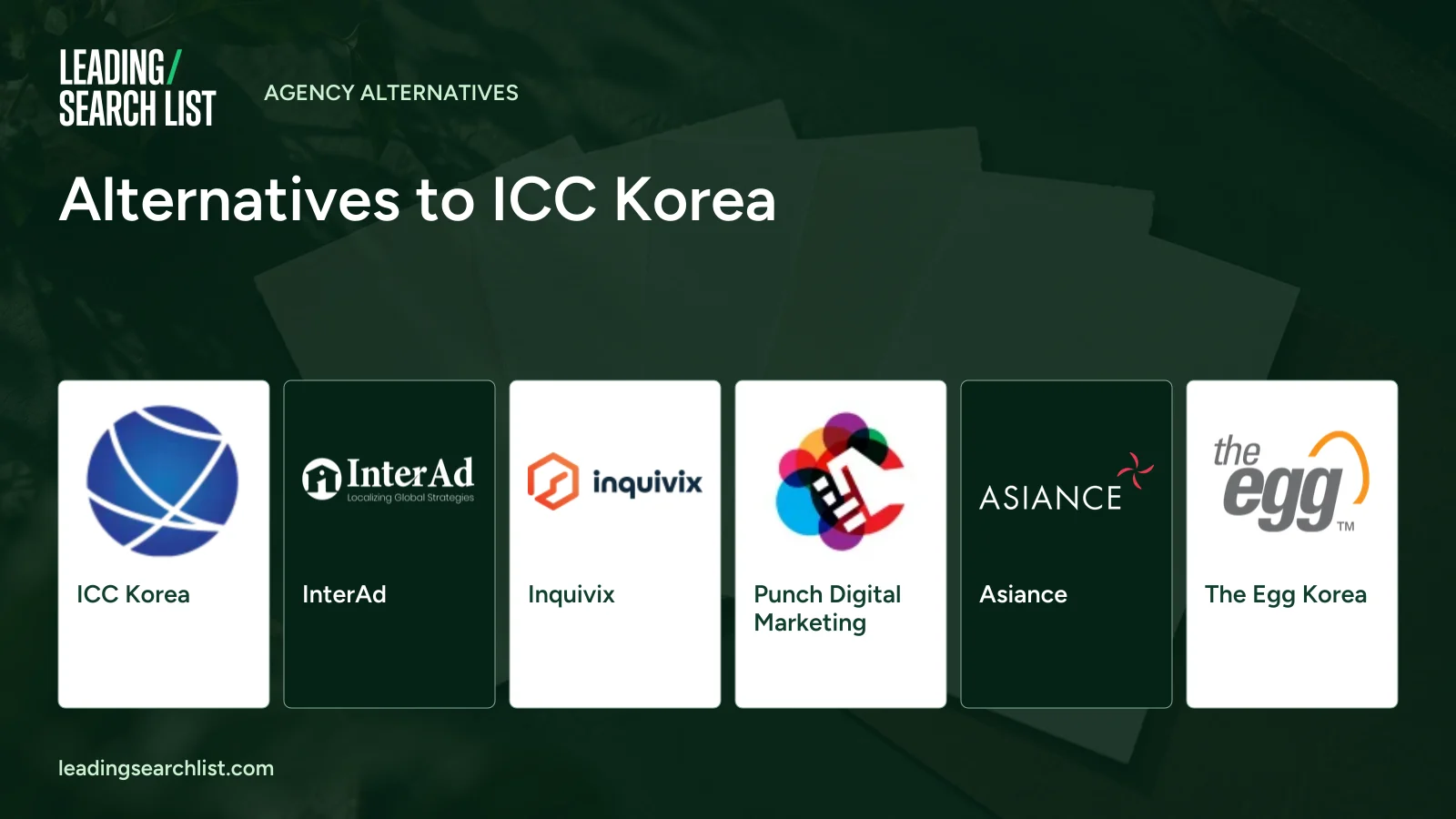 Alternatives to ICC Korea. Logos shown: ICC Korea, InterAd, Inquivix, Punch Digital Marketing, Asiance, The Egg Korea. Leading Search List.