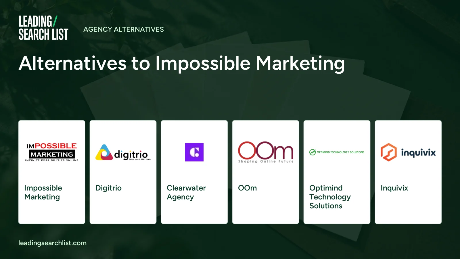 Alternatives to Impossible Marketing. Logos shown: Impossible Marketing, Digitrio, Clearwater Agency, OOm, Optimind Technology Solutions, Inquivix. Leading Search List.