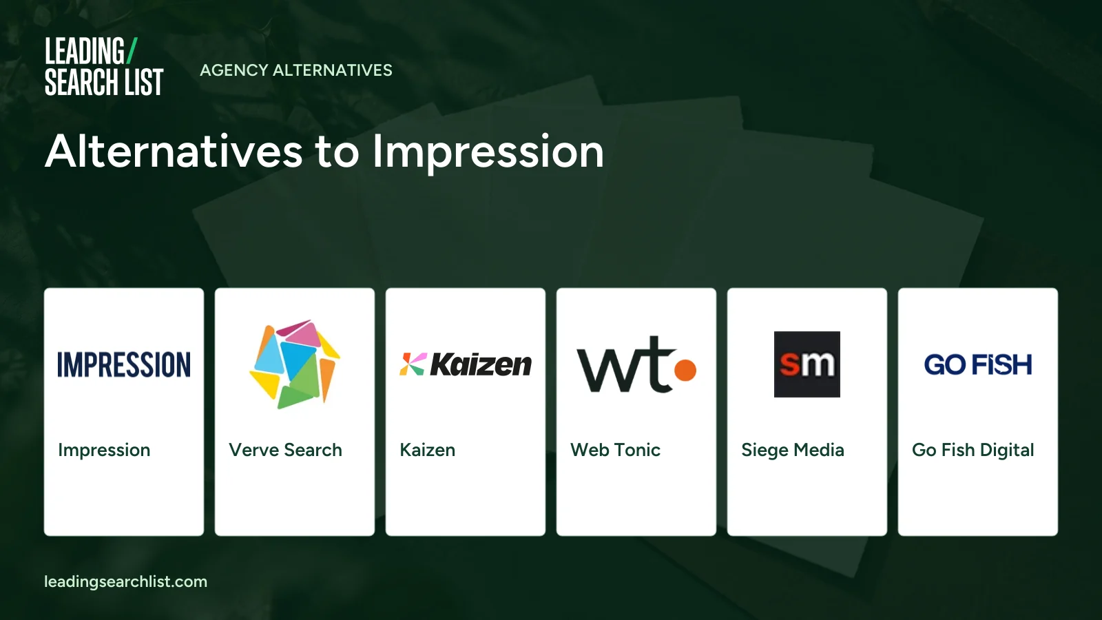 Alternatives to Impression. Logos shown: Impression, Verve Search, Kaizen, Web Tonic, Siege Media, Go Fish Digital. Leading Search List.